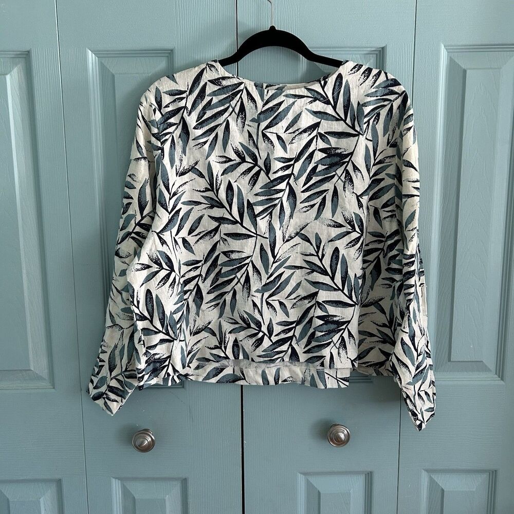 Kindred‎ Spirits Linen Long Sleeve Cropped Blouse Small Vtg Leaves Nature READ**
